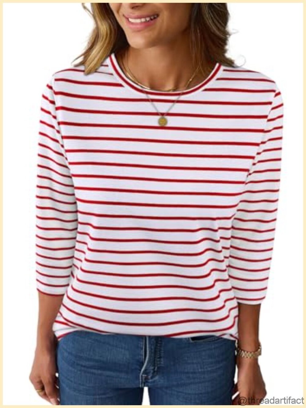 Women's 3/4 Sleeve Striped Boatneck Top Cotton Blend Classic Fit Shirt